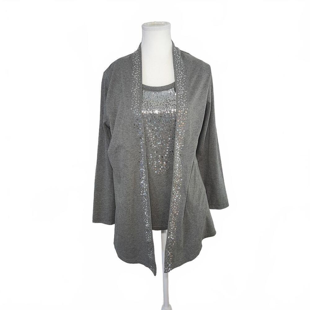Quacker Factory Women's Size M Gray Sequined Cardigan Sweater Set